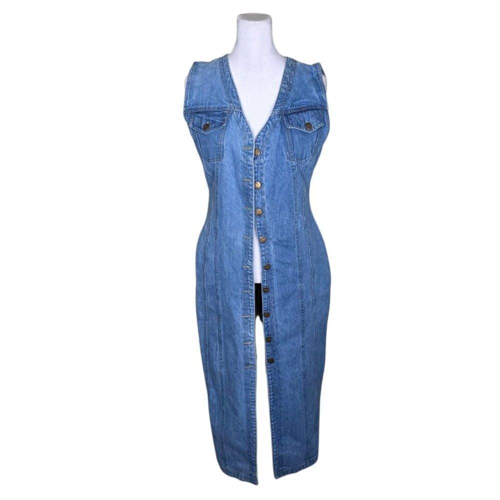 Vintage 90s Midi Denim Dress Womens Size M Blue Sleeveless Button Up Body Con